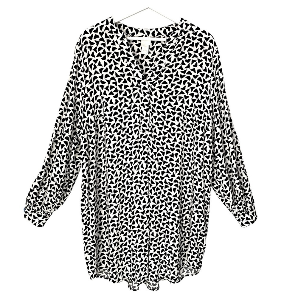 H&M V-Neck Dress Long Sleeve Black White Geometric Print Women Size M